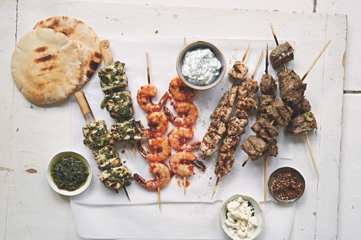 Jerked Beef and Chili-Honey-Garlic Shrimp Kebabs